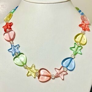 Vintage 1980's lucite hearts stars necklace  clear rainbow hearts 16"